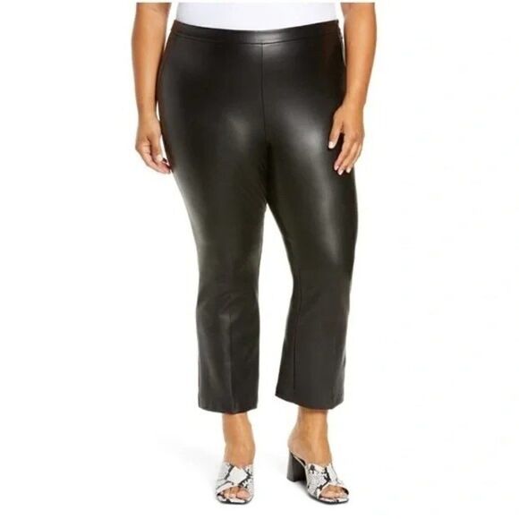 Halogen Faux Leather Pants Womens Size 24 Cropped High Waisted Black Flare Leg - Picture 2 of 14